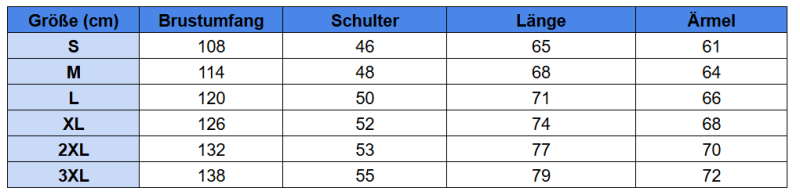 Größentabelle für Sport-Hoodies