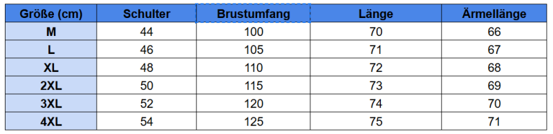 Größentabelle für Zip-Up-Jacke
