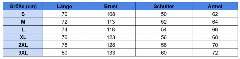 Größentabelle für Strick-Sweatshirt