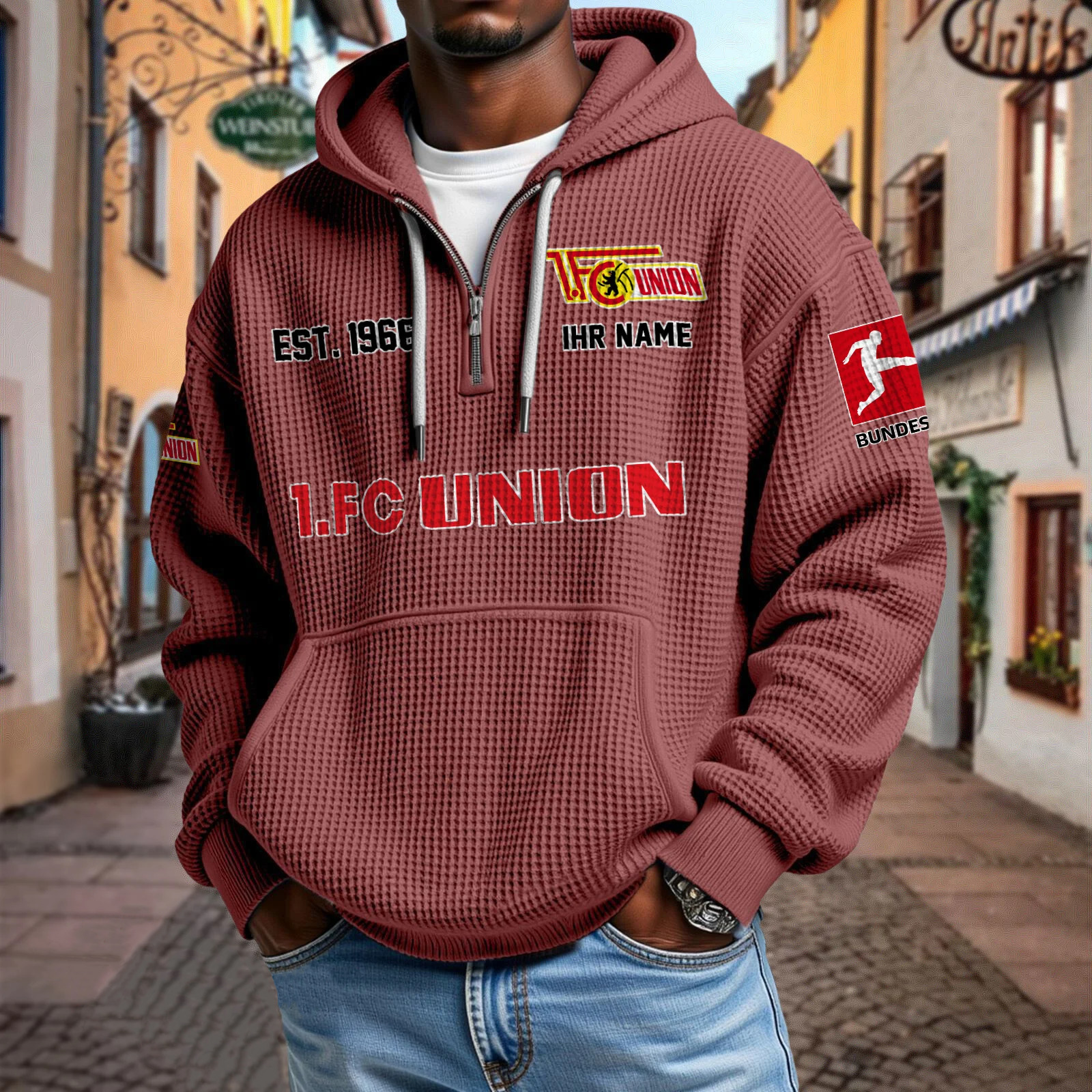 1. FC Union Berlin – Waffel-Hoodie neue Version mit Ihrem Namen 1. FC Union Berlin – Waffel-Hoodie neue Version mit Ihrem Namen
