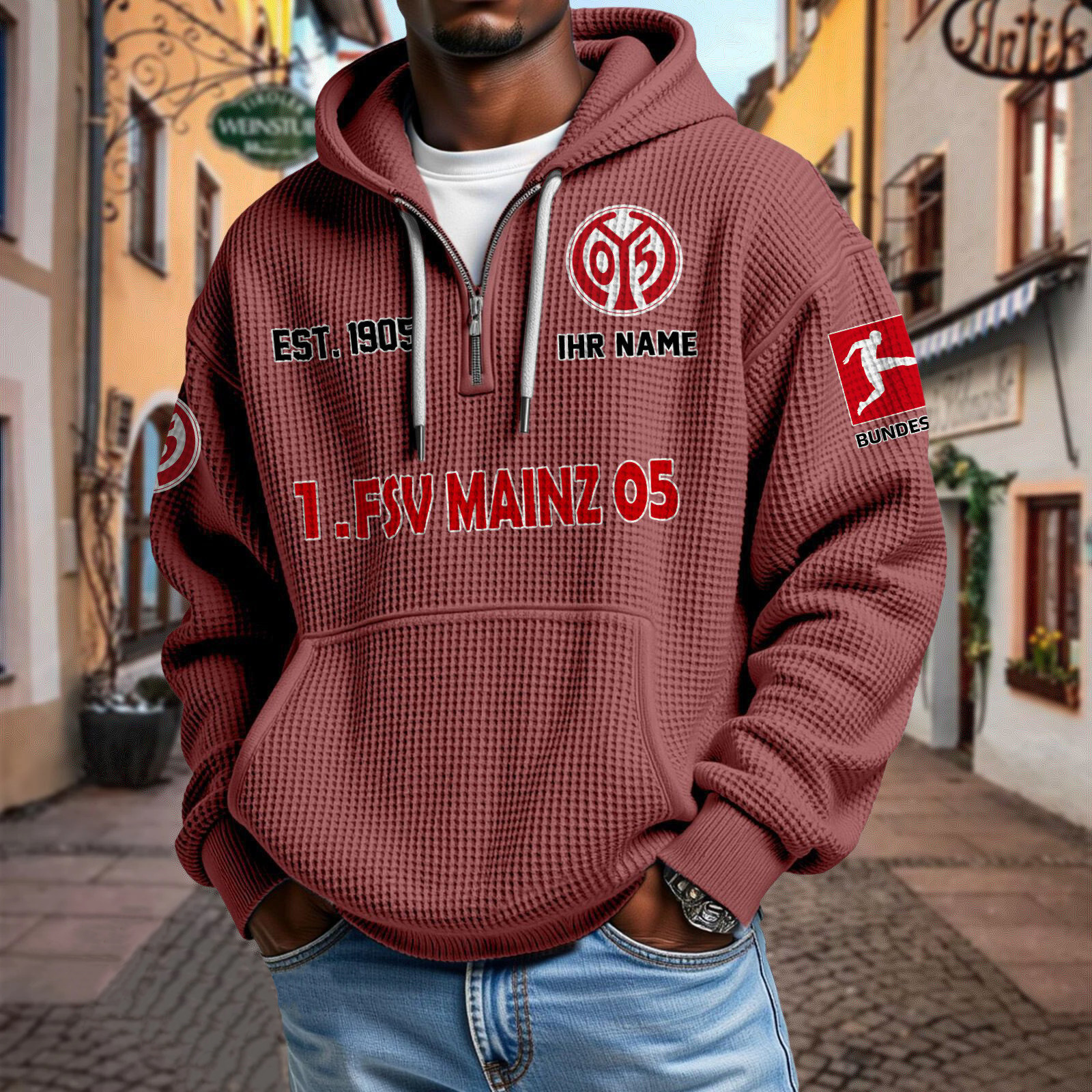 1. FSV Mainz 05 – Waffel-Hoodie neue Version mit Ihrem Namen 1. FSV Mainz 05 – Waffel-Hoodie neue Version mit Ihrem Namen