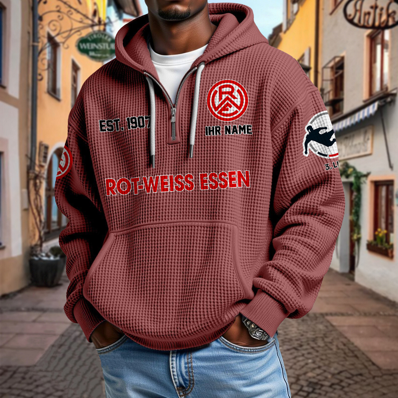 Rot-Weiss Essen – Waffel-Hoodie neue Version mit Ihrem Namen Rot-Weiss Essen – Waffel-Hoodie neue Version mit Ihrem Namen