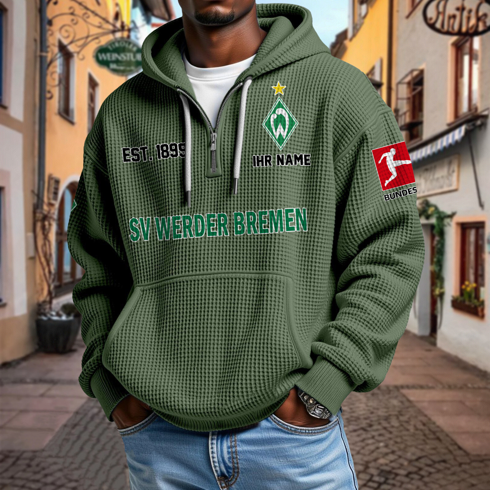 SV Werder Bremen – Waffel-Hoodie neue Version mit Ihrem Namen SV Werder Bremen – Waffel-Hoodie neue Version mit Ihrem Namen