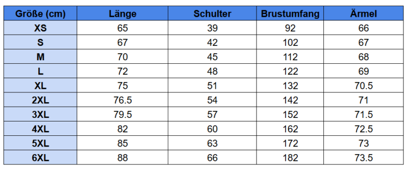 Größentabelle für Kapuzenpullover für Erwachsene