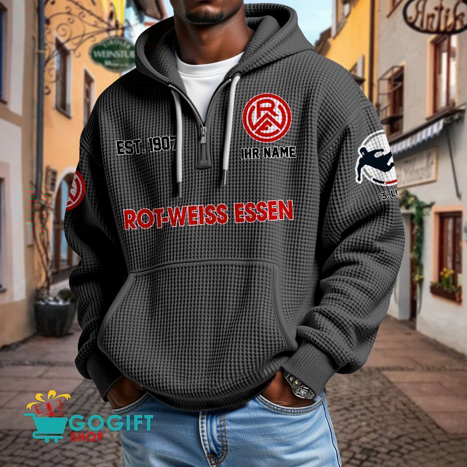 Rot-Weiss Essen – Waffel-Hoodie neue Version mit Ihrem Namen Rot-Weiss Essen – Waffel-Hoodie neue Version mit Ihrem Namen