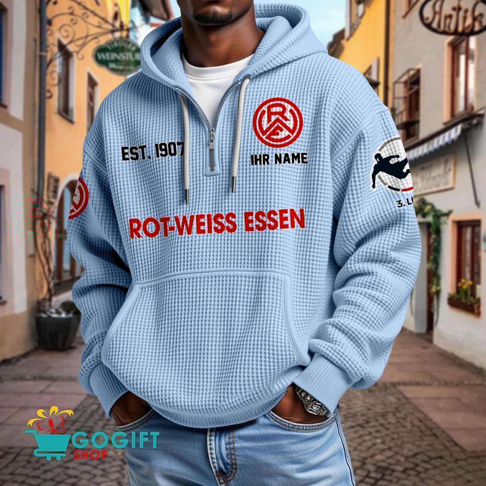 Rot-Weiss Essen – Waffel-Hoodie neue Version mit Ihrem Namen Rot-Weiss Essen – Waffel-Hoodie neue Version mit Ihrem Namen