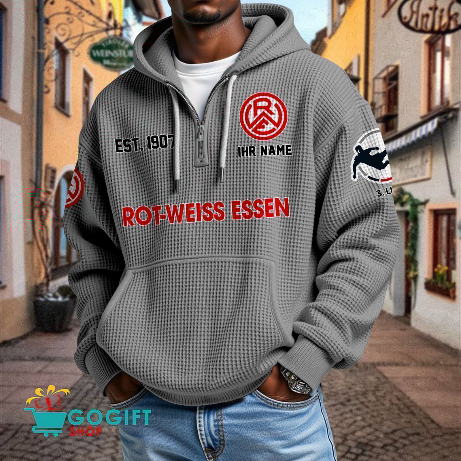 Rot-Weiss Essen – Waffel-Hoodie neue Version mit Ihrem Namen Rot-Weiss Essen – Waffel-Hoodie neue Version mit Ihrem Namen
