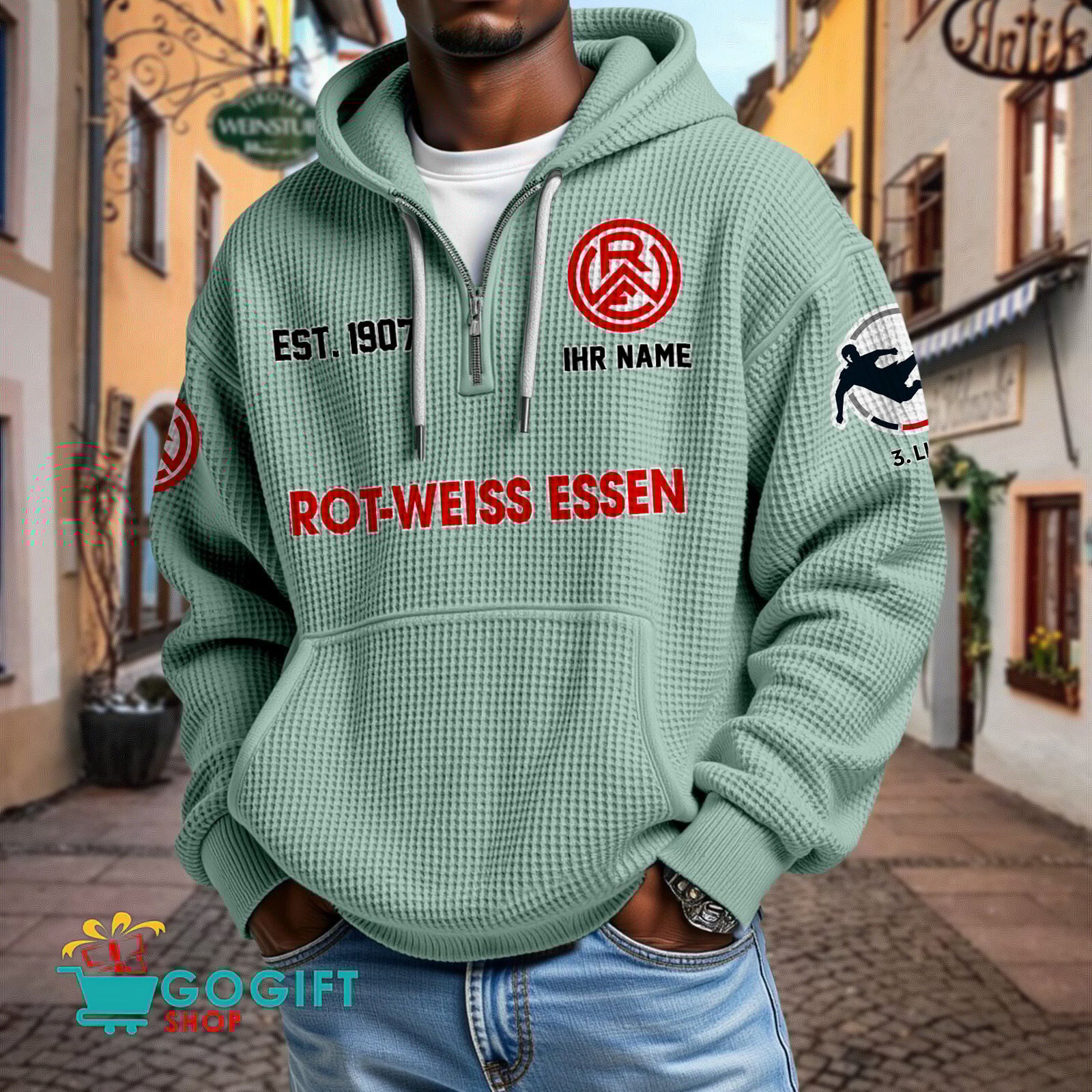 Rot-Weiss Essen – Waffel-Hoodie neue Version mit Ihrem Namen Rot-Weiss Essen – Waffel-Hoodie neue Version mit Ihrem Namen