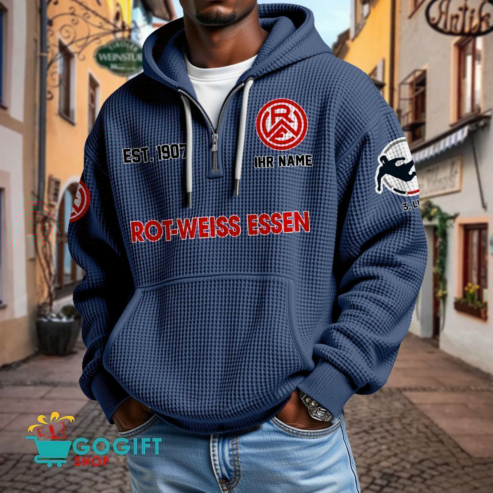 Rot-Weiss Essen – Waffel-Hoodie neue Version mit Ihrem Namen Rot-Weiss Essen – Waffel-Hoodie neue Version mit Ihrem Namen