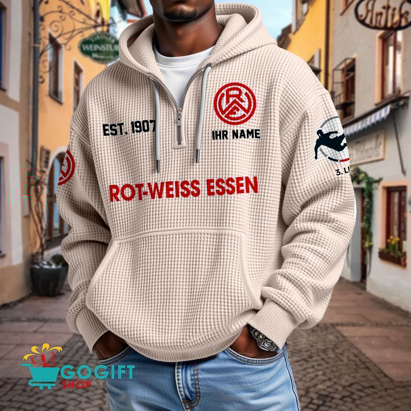 Rot-Weiss Essen – Waffel-Hoodie neue Version mit Ihrem Namen Rot-Weiss Essen – Waffel-Hoodie neue Version mit Ihrem Namen