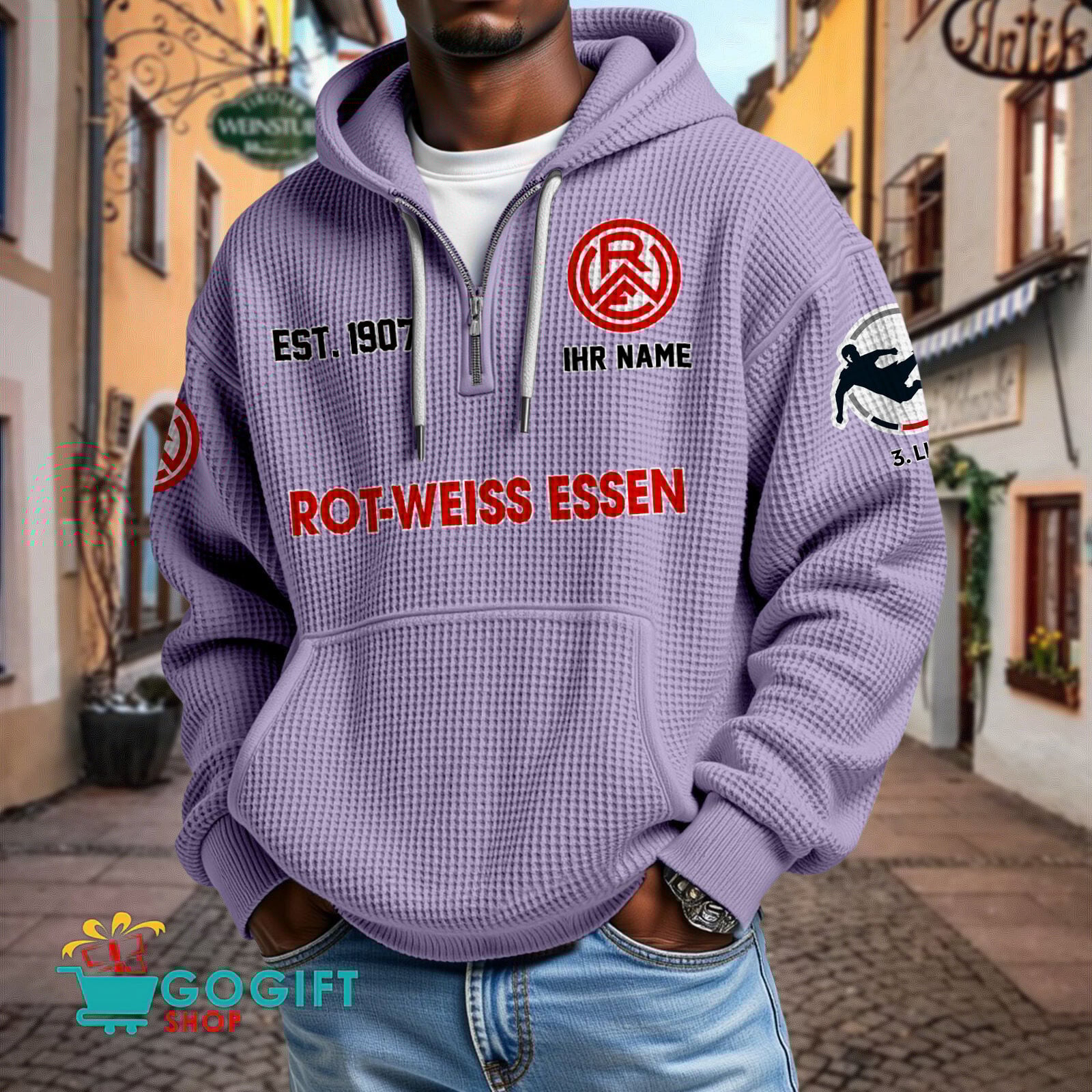Rot-Weiss Essen – Waffel-Hoodie neue Version mit Ihrem Namen Rot-Weiss Essen – Waffel-Hoodie neue Version mit Ihrem Namen