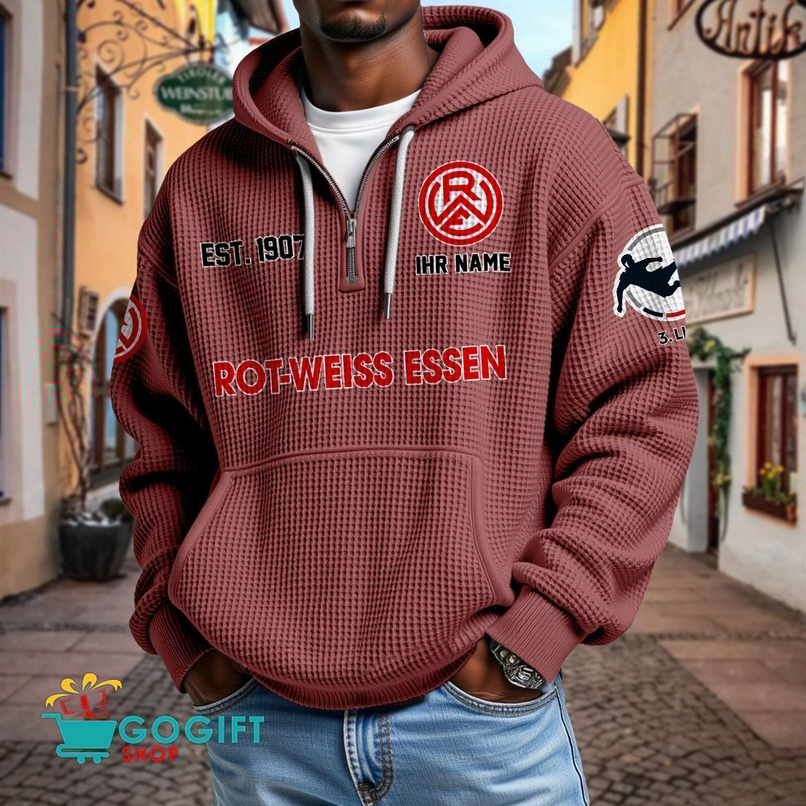 Rot-Weiss Essen – Waffel-Hoodie neue Version mit Ihrem Namen Rot-Weiss Essen – Waffel-Hoodie neue Version mit Ihrem Namen