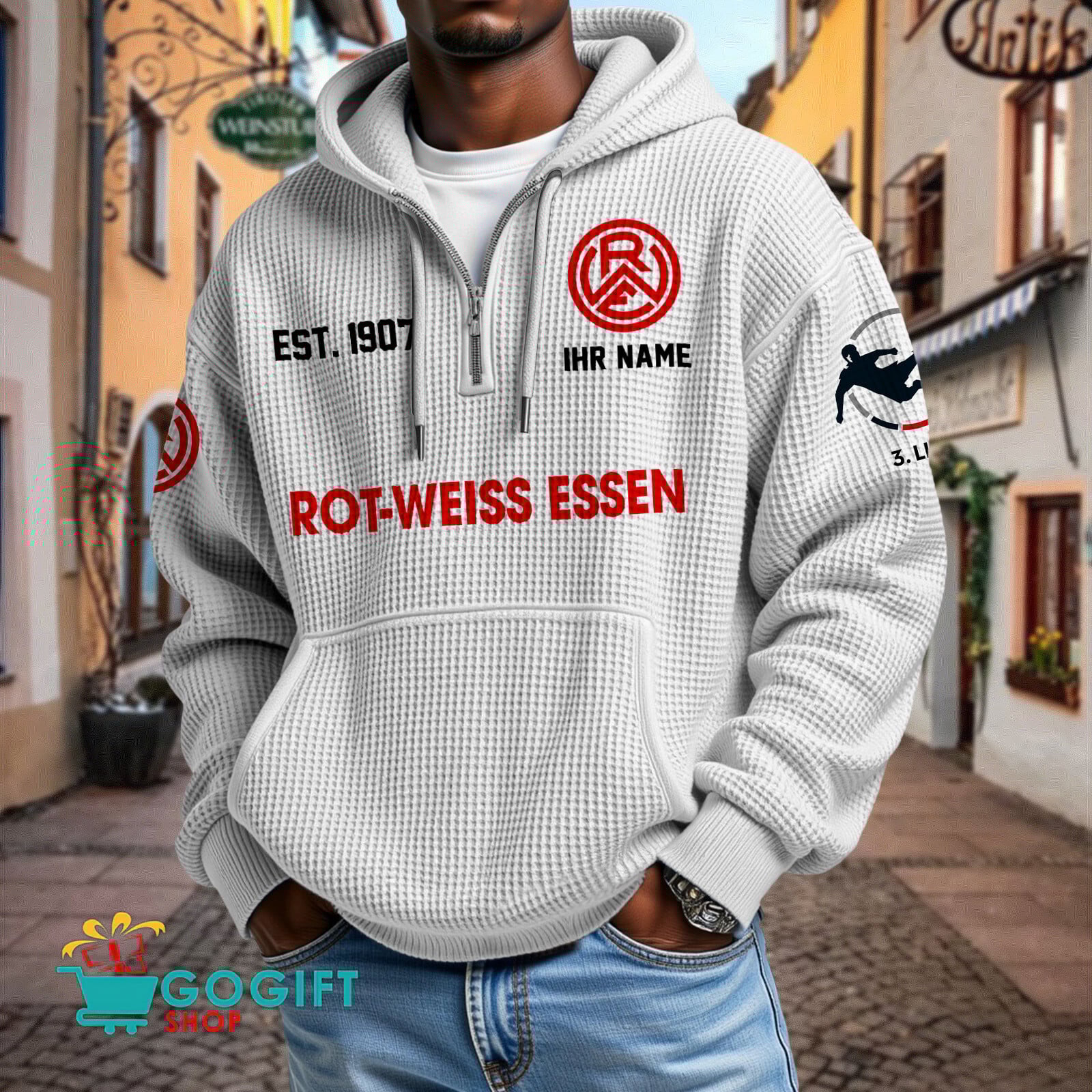 Rot-Weiss Essen – Waffel-Hoodie neue Version mit Ihrem Namen Rot-Weiss Essen – Waffel-Hoodie neue Version mit Ihrem Namen