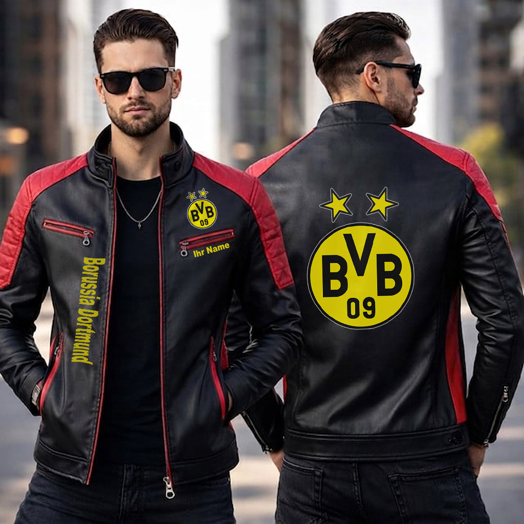 Borussia Dortmund – Slim-Fit-Lederjacke Sonderedition mit Ihrem Namen Borussia Dortmund – Slim-Fit-Lederjacke Sonderedition mit Ihrem Namen