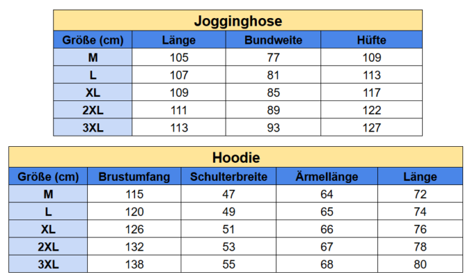Trainingsanzug - Größentabelle